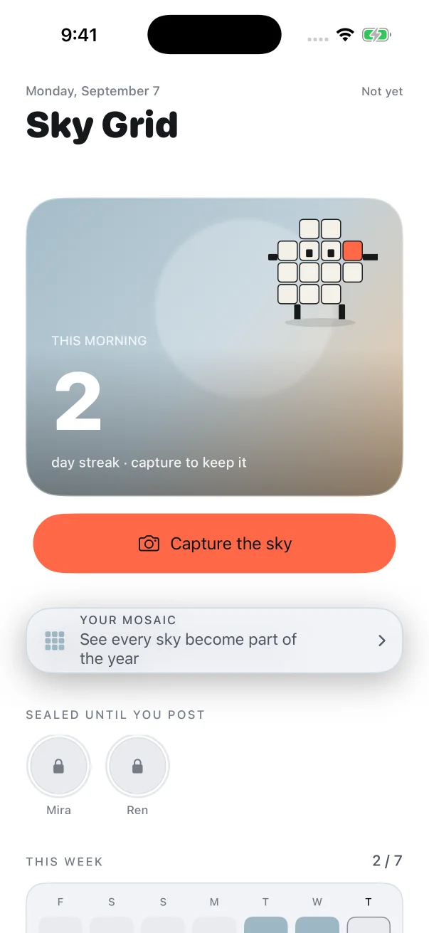 Sky Grid with Moku, the morning capture button, and weekly rhythm